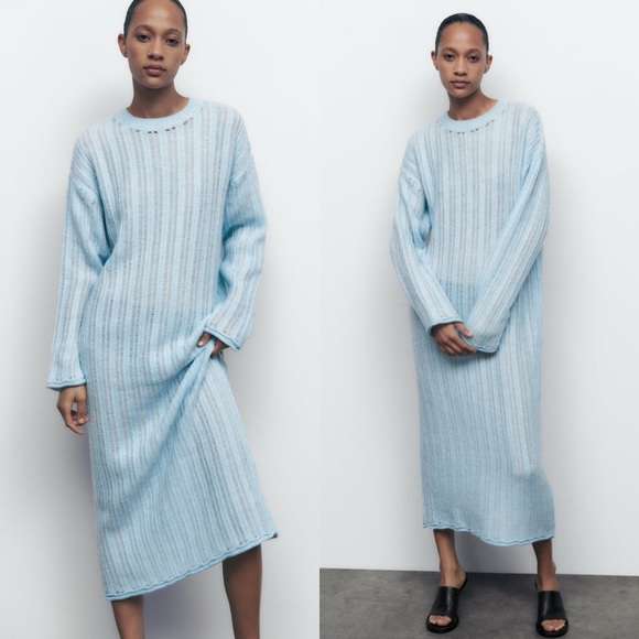 Zara light blue knit midi long sleeve sweater dress size M/L - Picture 2 of 13